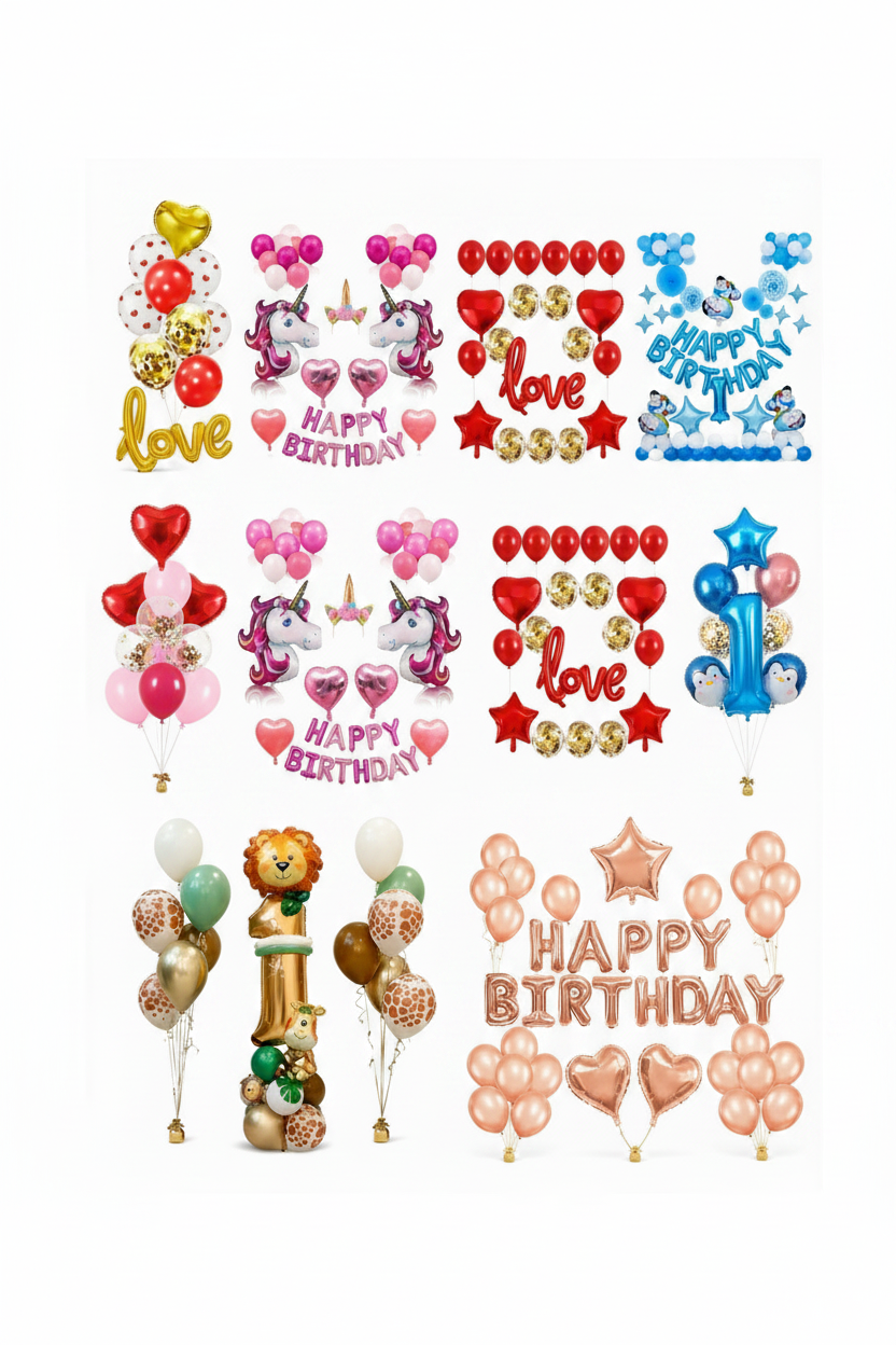 A set of birthday balloon decorations shown in multiple color and theme options on a white background, including gold foil balloons, pink and red balloons, blue balloons, unicorn balloons, heart balloons, star balloons, and a number 1 balloon stand.