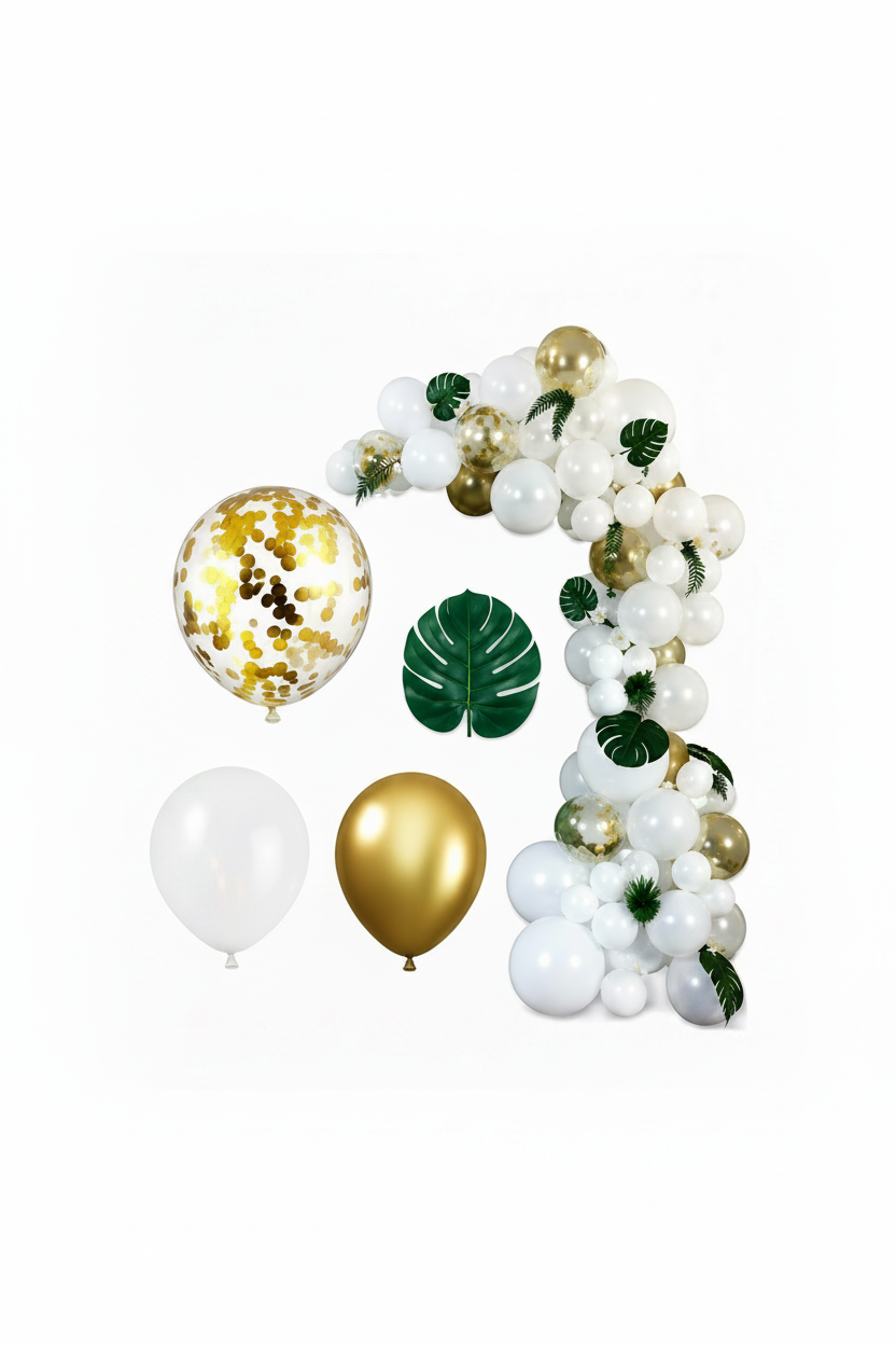 A party decoration set featuring a gold and white balloon garland with green leaves, assorted latex balloons in coral, white, and metallic gold, clear balloons, and a roll of gold ribbon on a white background.