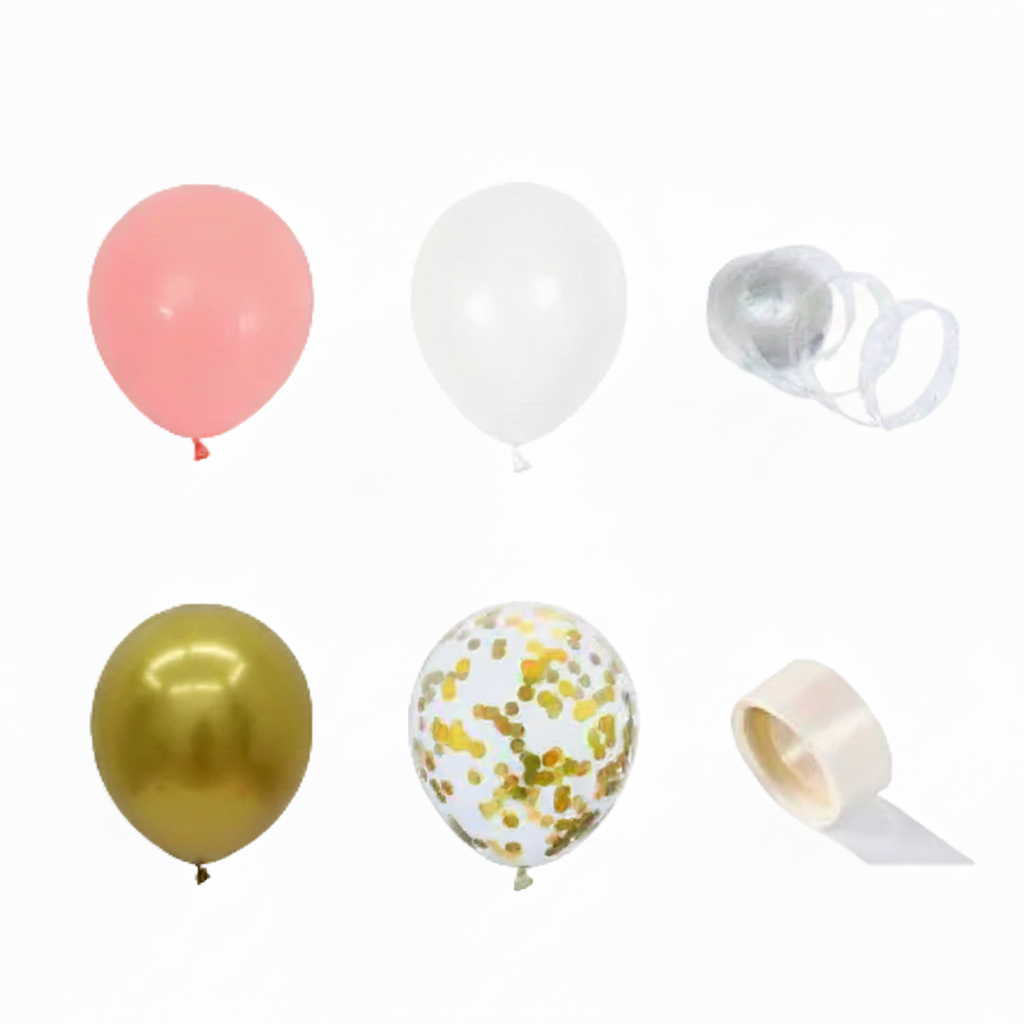 A product listing graphic showing included balloon packs and ribbon rolls with text labels: 'Package includes: 127pcs' at the top, plus six items below labeled by size and quantity. The items include pink, white, metallic gold, and white-with-gold confetti balloons, plus clear and beige ribbon rolls.