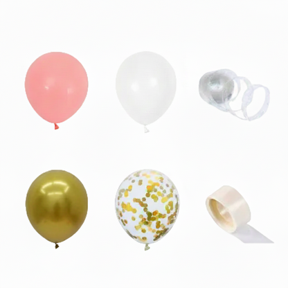 A product listing graphic showing included balloon packs and ribbon rolls with text labels: 'Package includes: 127pcs' at the top, plus six items below labeled by size and quantity. The items include pink, white, metallic gold, and white-with-gold confetti balloons, plus clear and beige ribbon rolls.